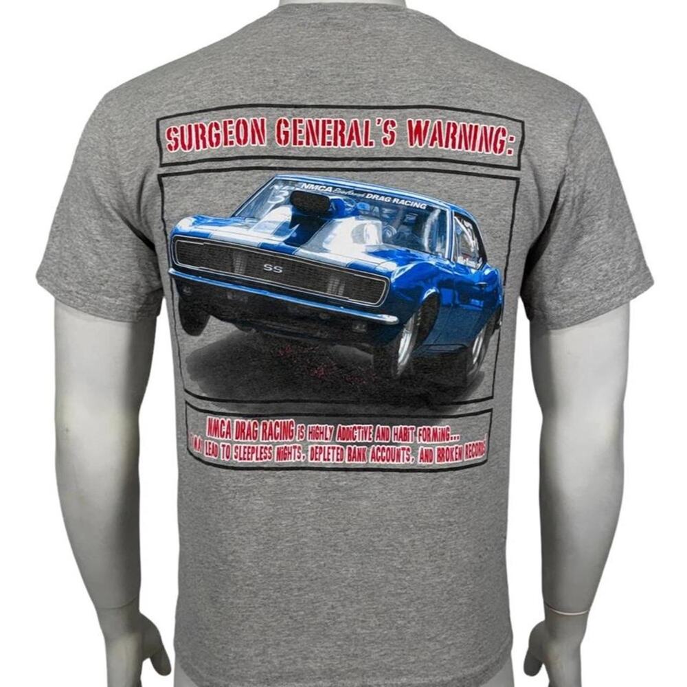 NMCA Drag Racing T-Shirt M Surgeon General's Warning Blue Camaro SS Wheelie